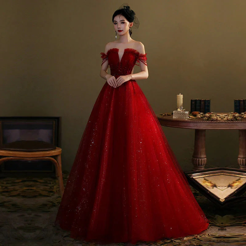 Abito lungo da sera rosso in tulle con paillettes, abito da ballo rosso Y1179