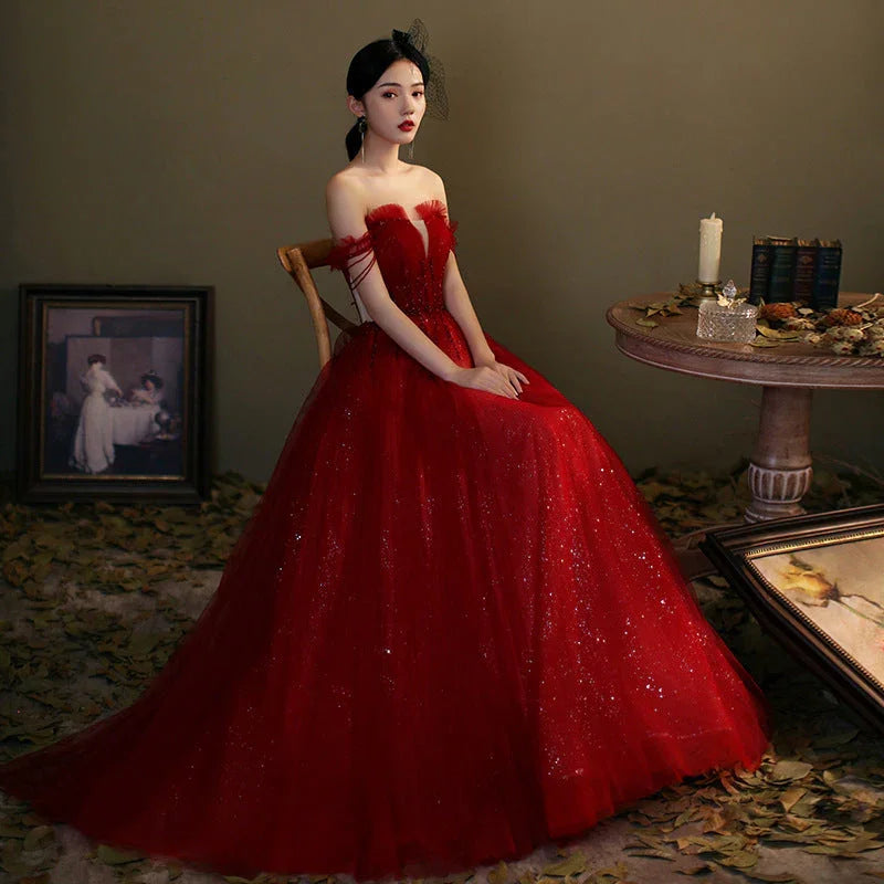 Abito lungo da sera rosso in tulle con paillettes, abito da ballo rosso Y1179