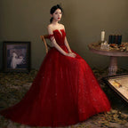 Abito lungo da sera rosso in tulle con paillettes, abito da ballo rosso Y1179