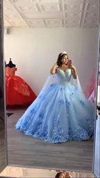 Abiti da Quinceañera Azzurro Chiaro con Fiori Abito a Palloncino Spalle Scoperte Applicazioni di Pizzo Fiori 3D Perline di Cristallo Maniche Lunghe Abito Dolce Sedici Y759