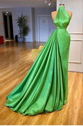 Vestido longo de cetim verde sem mangas para baile, vestido de noite elegante Y904