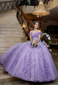 Vestido de Baile com Aplicações Florais e Ombros Descobertos em Lavanda, Vestido Doce 16, Vestido de Princesa em Lavanda Y900