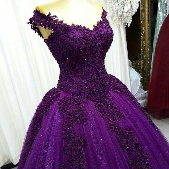 Incantevole abito da sera viola in pizzo e tulle a linea ad A, vestito elegante e seducente Y882