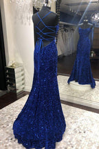Abiti lunghi da sera con paillettes a sirena, blu, senza schienale, Y1003