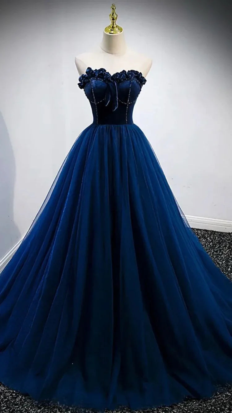 Abito da sera elegante blu senza spalline a linea ad A Y839