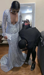 Abito da sera elegante con paillettes argento a sirena, vestito da sera sexy e affascinante Y808