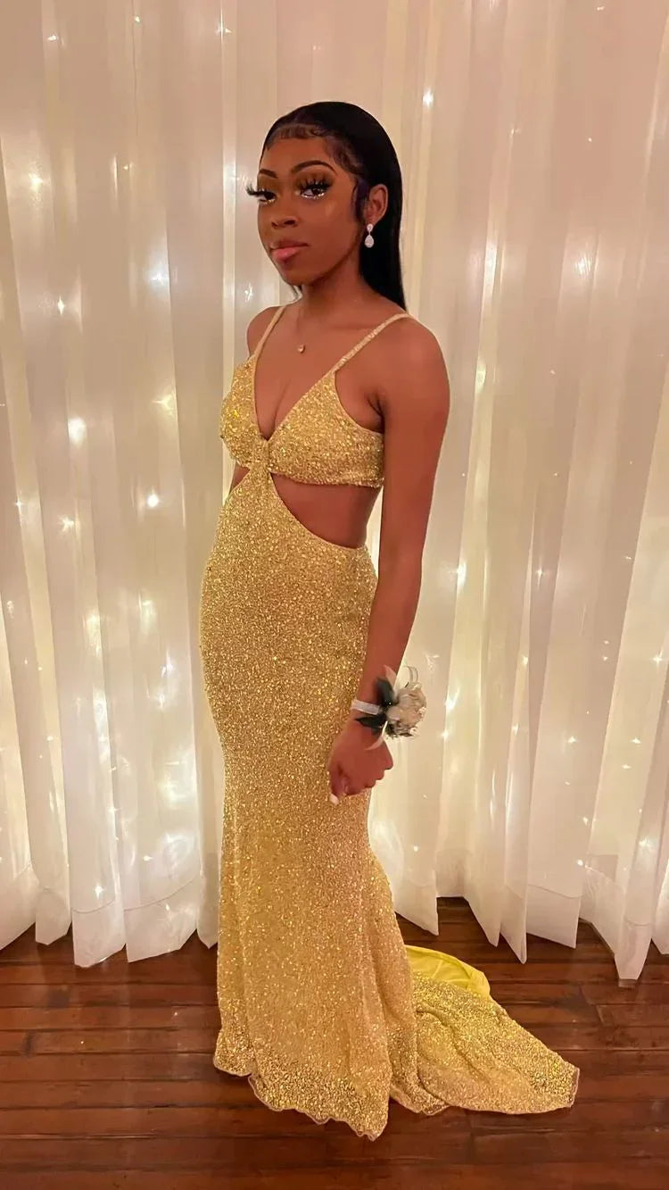 Abito da sera senza maniche color oro scintillante a sirena, abito da ballo sexy per ragazze nere Y813