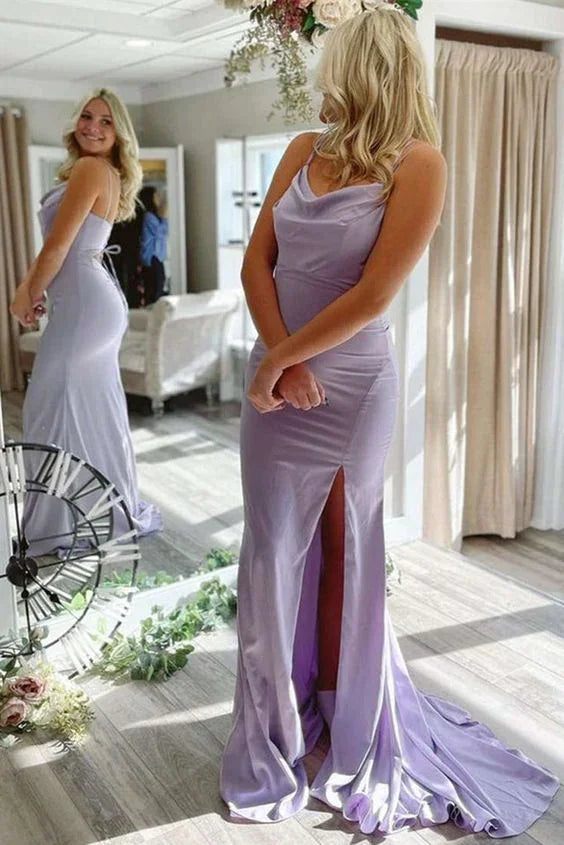 Vestidos de noite recém-chegados com alças finas lavanda com racha vestido de cetim para baile Y912