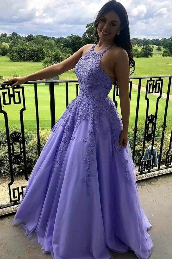 Vestido longo de cerimónia com aplicações de renda lavanda, decote halter, corte em linha A, para formatura e ocasiões especiais Y897