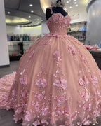 Abito principesco sontuoso rosa con applicazioni 3D a palloncino Abito per sedicesimo compleanno Y824