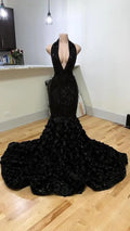 Vestido de noite preto com decote halter, corte sereia, com flor 3D, vestido formal sensual Y982