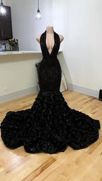 Vestido de noite preto com decote halter, corte sereia, com flor 3D, vestido formal sensual Y982