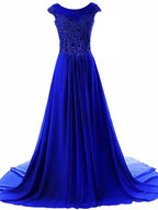 Abito da sera lungo in chiffon con maniche a cappuccio e pizzo per donna - Blu reale Y945