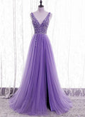 Abito da festa viola con scollatura a V e perline, tulle scintillante, abito da sera, abito da ballo in tulle viola Y1008