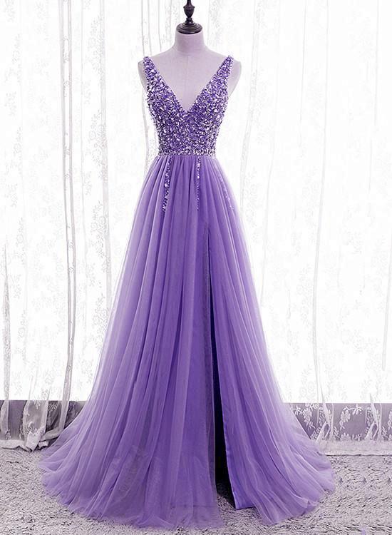 Abito da festa viola con scollatura a V e perline, tulle scintillante, abito da sera, abito da ballo in tulle viola Y1008