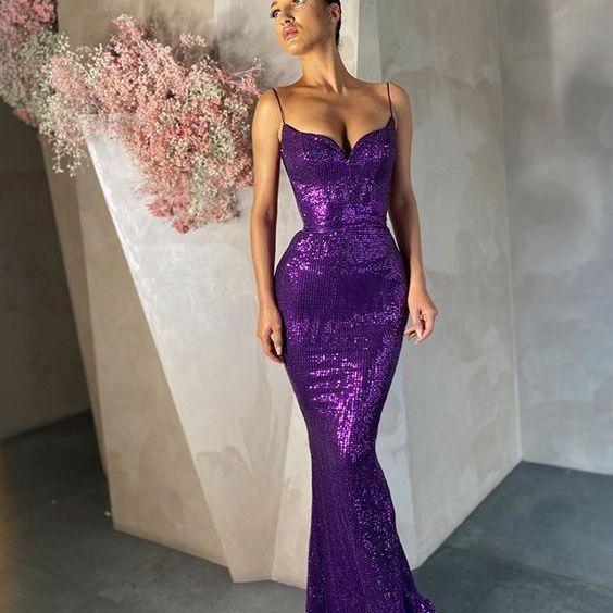 Abiti lunghi da sera viola con spalline sottili e paillettes Y994