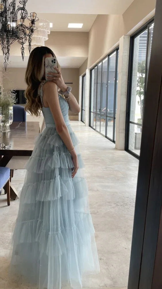 Elegante abito lungo da sera senza maniche in tulle blu, linea ampia a trapezio, scollo a V, abito da sera rosa Y1076
