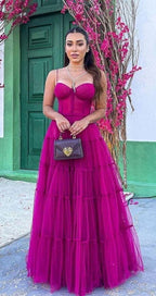 Abito da sera elegante in tulle con spalline sottili a linea ad A Y1073