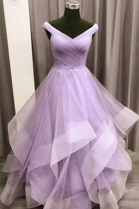 Vestido longo de tule roxo em linha A para baile, vestido de noite Y911