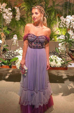 A Line Tulle Prom Dresses With Beading Off the Shoulder Evening Dresses Y1102