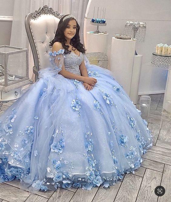 Hellblaues Quinceañera-Kleid mit schulterfreiem Ausschnitt, 3D-Blumen, Perlen, puffigen Ärmeln, Festkleid Prinzessin Süße 16, Hellblaues Ballkleid Y1088