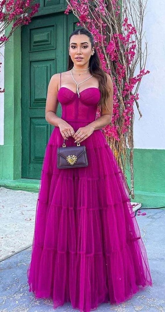Abito da sera elegante in tulle con spalline sottili a linea ad A Y1073
