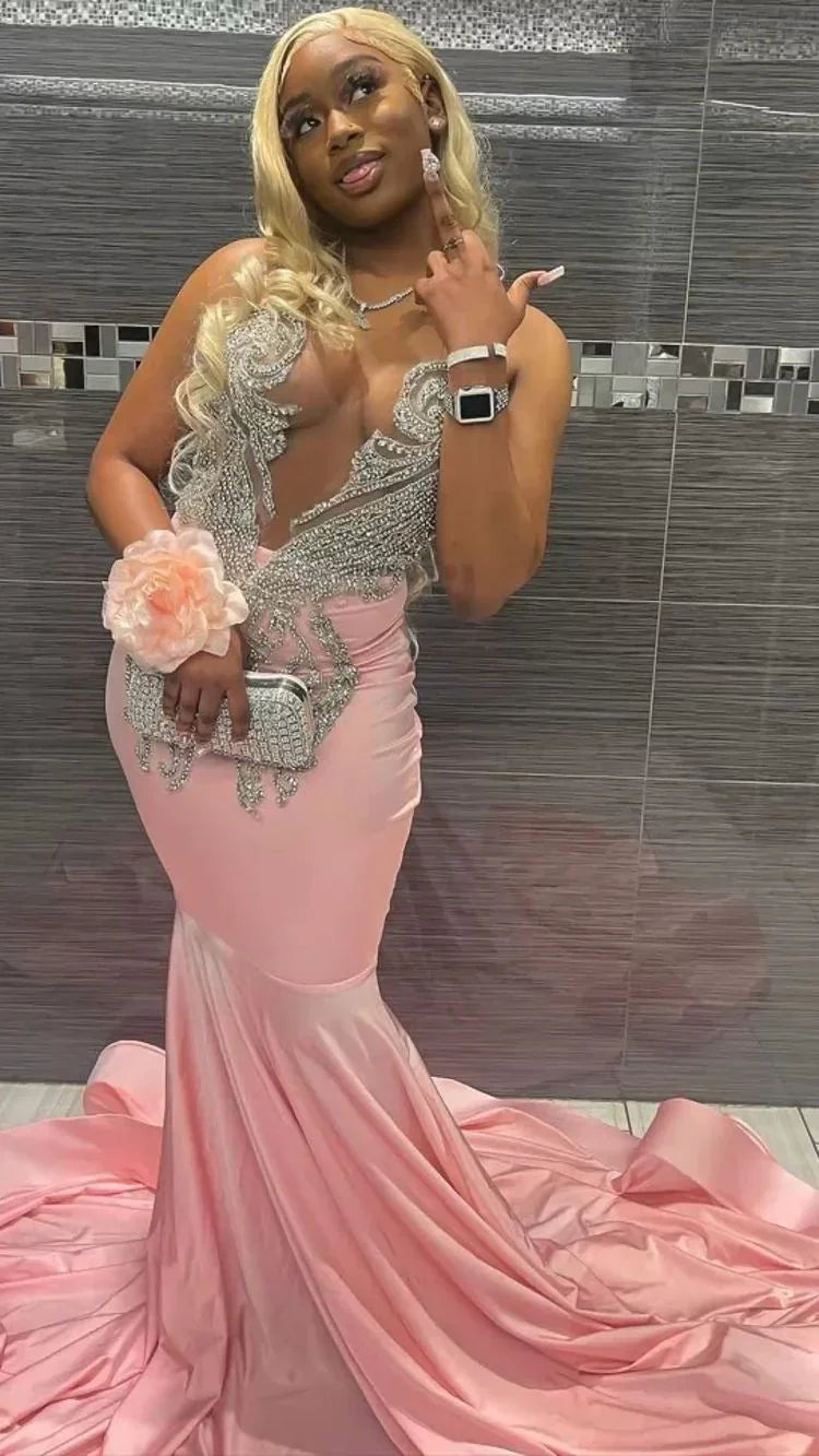 Abito da sera elegante a sirena con scollo profondo a V rosa per ragazze nere Y797