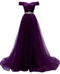 Vestidos de baile forma A em tule para senhora, vestido formal de noite com ombros descobertos Y877