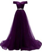 Vestidos de baile forma A em tule para senhora, vestido formal de noite com ombros descobertos Y877