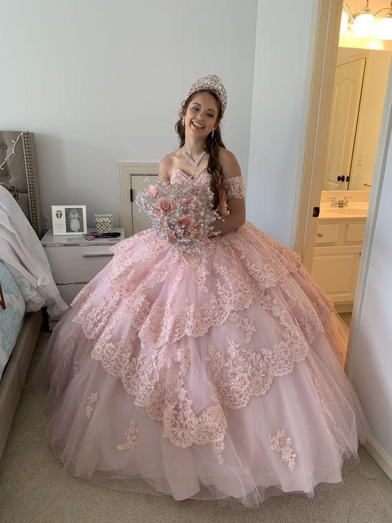 Abito da ballo in pizzo e tulle rosa Vestito per sedicesimo compleanno Y823