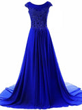 Abito da sera lungo in chiffon con maniche a cappuccio e pizzo per donna - Blu reale Y945