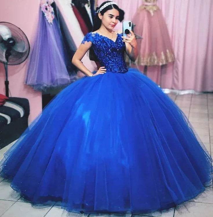 Abito da Principessa Royal Blue con Spalle Scoperte Modello Y822