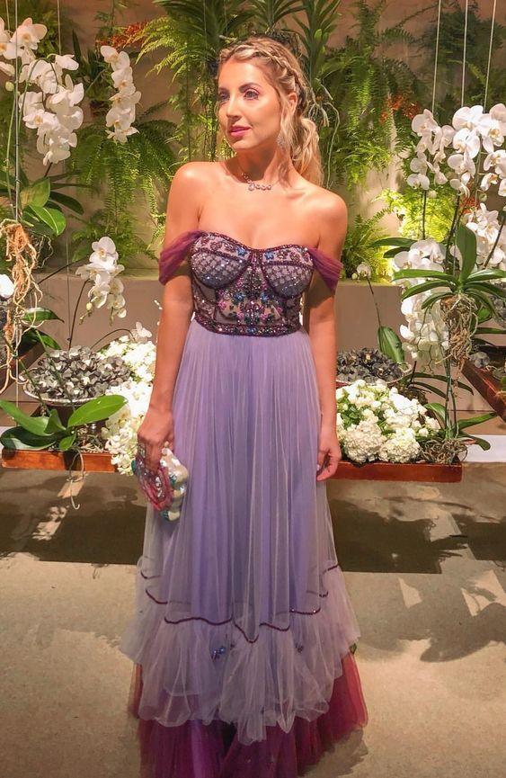 A Line Tulle Prom Dresses With Beading Off the Shoulder Evening Dresses Y1102