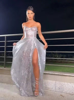 Bellissimi Abiti Lunghi da Sera con Spalline Argento e Spacco Y1024