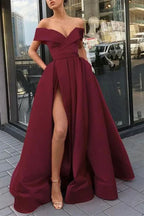 Vestido longo de baile em cetim bordô com decote em V e ombros descobertos, vestido de noite bordô Y840