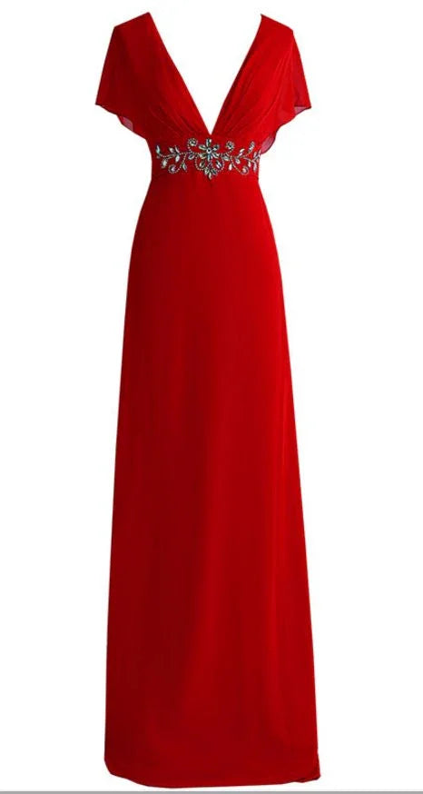 Abito da sera rosso con scollo profondo a V in chiffon, schiena con cristalli, abito formale da sera Y1005