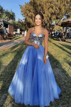 Abiti lunghi da sera in tulle blu con paillettes, linea a trapezio, senza spalline Y944