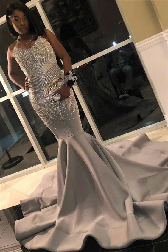 Abiti da sera argento grigio sirena con perline e cristalli, sexy, senza spalline e senza maniche, abiti formali da sera Y883