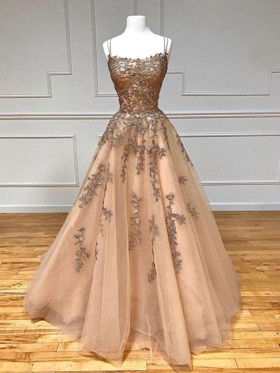 Vestido longo de baile em renda de tule champanhe vestido de noite champanhe Y920