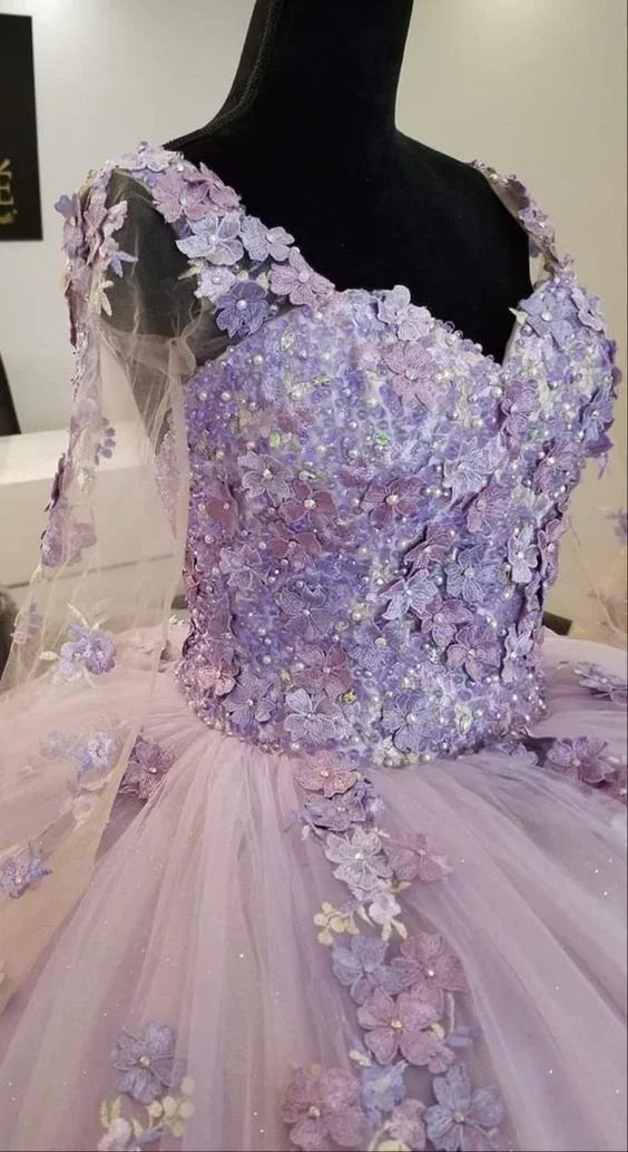 Abito da ballo d'epoca in pizzo lavanda e tulle per sedicesimo compleanno Y809