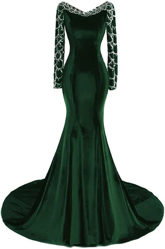 Abito da sera verde scuro a sirena con maniche lunghe da donna Y1444