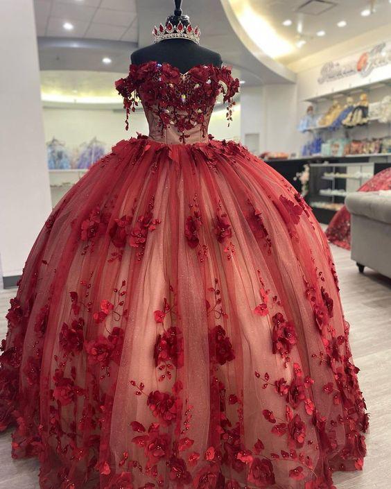 Schimmerndes schulterfreies Kleid mit 3D-Blumen und Schleppe für die Quinceañera, Ballkleid Y1448