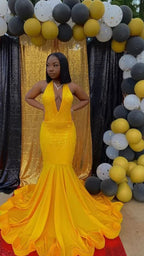 Vestido de Baile Amarelo Deslumbrante de Sereia, Vestido de Noite Sedutor com Cauda Y1709