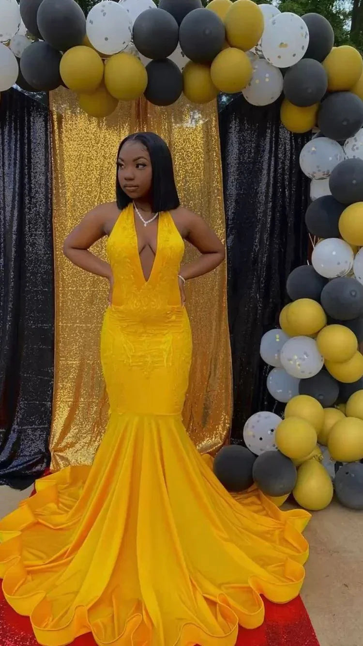 Vestido de Baile Amarelo Deslumbrante de Sereia, Vestido de Noite Sedutor com Cauda Y1709