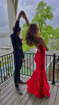 Vestido longo de baile vermelho sedutor com cauda de sereia, vestido de noite sem costas Y1676