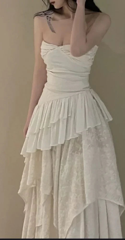 Abito da sera bianco senza spalline con lato irregolare, elegante abito da sera bianco Y1815