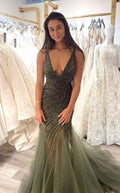Vestido de cerimónia com corpete sem mangas e decote em V profundo, vestido de noite sereia sensual Y1704