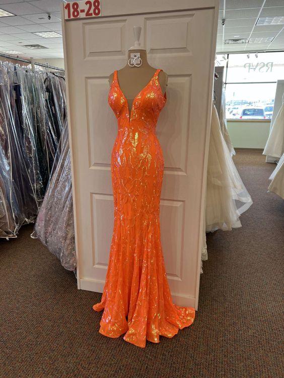 Vestido longo de baile com lantejoulas laranja, decote em V, estilo sereia, Vestido de noite elegante, Vestido formal laranja Y1714