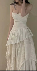 Abito da sera bianco senza spalline con lato irregolare, elegante abito da sera bianco Y1815