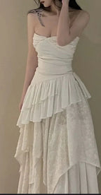 Abito da sera bianco senza spalline con lato irregolare, elegante abito da sera bianco Y1815